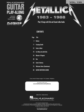 Metallica: 1983-1988, Guitare Play-Along Vol. 195