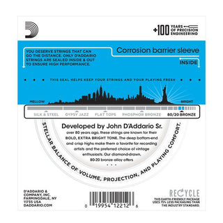 D'Addario 80/20 Bronze Acoustic Guitar Strings Regular Light 12-53